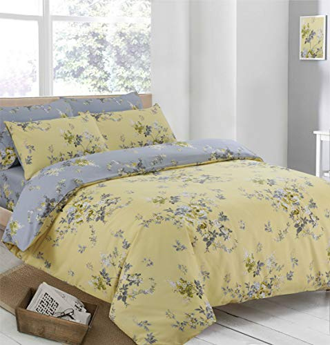 CnA Stores - Victoria Yellow and Grey Floral Duvet Cover & Pillowcase Bedding Set Single, Double or King Size (Double Bed)