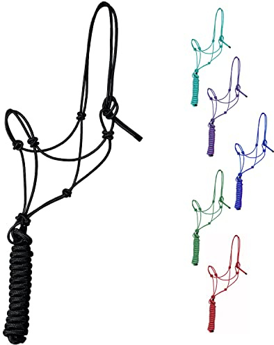 Majestic Ally 1/4 Rope 4 Knot Stiff Polyester Training Halter with 10’ Matching Lead Rope for Horses – Full (Black, Full)