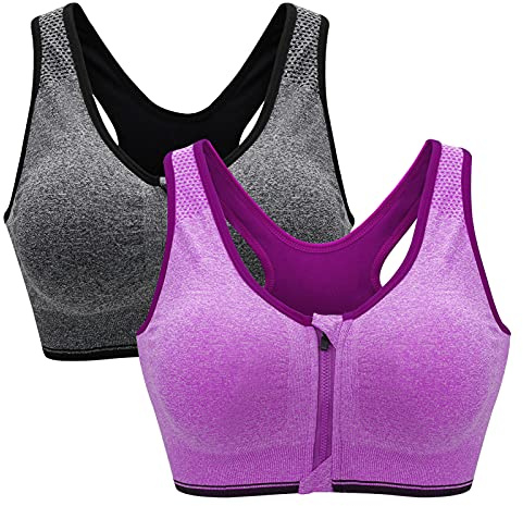 ZOEREA Sport-bh med dragkedja framtill push up bygelunderkläder bh löpning väst avtagbara dynor för fitness jogging yoga löpning, Grå och lila, M