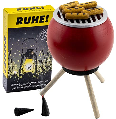 Seiffener Volkskunst | Räucherofen Grillofen | Räucherfigur 10 cm | Grill + Räucherkerzen Ruhe | Räuchergrill mit Bratwürsten | 26301 | rot