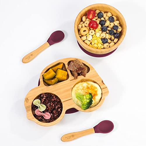 Vinsani Bamboo Car Plate Bowl and Spoon Set for Baby Toddler Kids Children, Suction Plate, Stay-Put Non-Slip Base Design, Hypoallergenic, Food-Grade Silicone and BPA-Free Baby Feeding Set (Red)