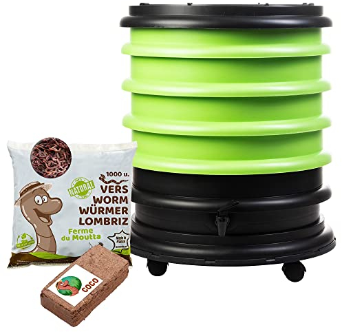 WORMbox | Wormery Worm Farm composter 4 Green Trays + 500gr of Compost Worms / 1000 ctn + 1 Coco| 64 liters | Organic Waste Compost, make your Worm Castings