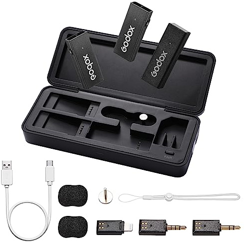 GODOX Movelink Mini LT Kit 2 Microfono Lavalier Wireless,2.4GHz 100m Lapel Mic Senza Fili-2 TX+ 1 RX con custodia di ricarica per iPhone,PC,Lightning,Smartphone,Fotocamera,Vlog,Interviste(Nero)