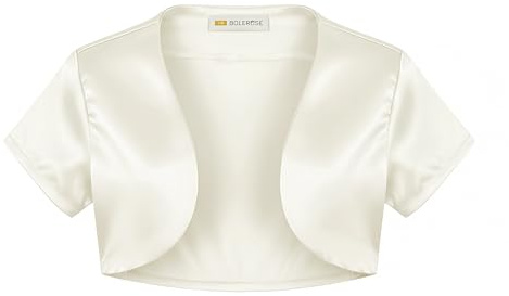 BOLEROSE Girls Satin Short Sleeve Bolero Childrens Kids Shrug (Ivory, 7-8 Years)