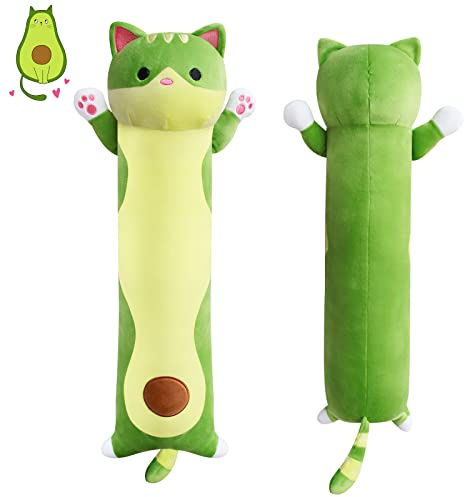 MUFEIRUO - Gatto lungo in peluche, 90 cm di lunghezza, in tessuto avocado, cuscino in peluche kawaii, giocattolo per gatti in peluche, cuscino per bambini e adulti