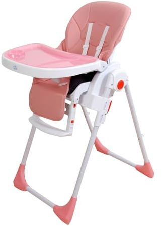 TORAL Trona Evolutiva Bebé - Plegable, Reclinable y Segura - Altura y Reposapiés Ajustables - Bandeja Extraíble y Fácil de Limpiar - Portátil, Color Rosa