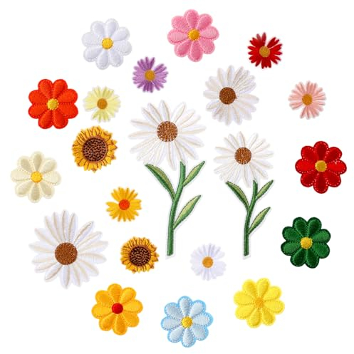 COMNICO Gänseblümchen Bügelflicken 21 Stück Bestickte Aufnäher Sonnenblumen-Applikation Aufnäher für DIY-Dekoration Kleidung Rucksäcke T-Shirts Jeans Jacken Schuhe