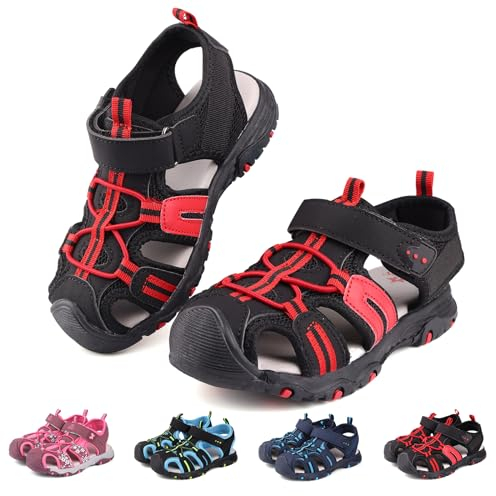 Buwege Kinder Geschlossen Sandalen Jungen Mädchen Outdoor Sport Sandalen Wandern Wasserdichte Schuhe Abenteuer Sommer Strand Pool Sneakers Schwarz Rot 32 EU(Hersteller Größe 33)