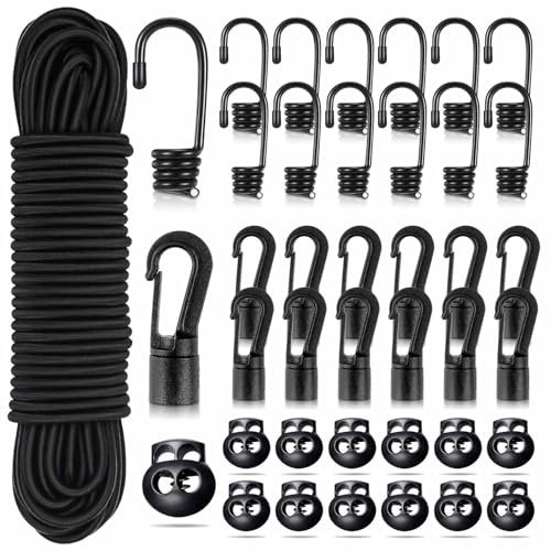 Corda Elastica con Gancio e Fissaggio 5 mm x 15m,12 Pezzi Nera Ganci Elastici,Ganci in Plastica e Chiusure Elastiche in Plastica per DIY Corde Elastiche per Giardini,Tende,Teloni,Trasporto