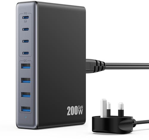 200W USB C Charger Block,GaN III 8-Ports USB C Charging Hub,QC4.0 Fast Phone Charging Station+PD 65W Laptop Charger Compatible with MacBook Pro/Air,DELL,iPhone 16 Pro/15,Galaxy S24/S23,Steam Deck