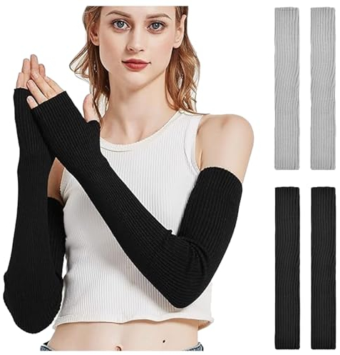 MOAZIFI 2 Paar Lang Handschuhe Fingerlos 50cm, Lange Handschuhe, Arm Sleeve, Armstulpen, Armstulpen Damen, Arm Warmers, Handstulpen, Stulpen Arm, Armstulpen Herren(Schwarz & Hellgrau)