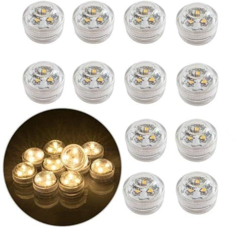 AIGOUT 12 lumini subacquei a LED, senza fiamma, a batteria, sommergibili, impermeabili, decorative, per acquario, stagno, piscina, matrimoni, feste (bianco caldo)