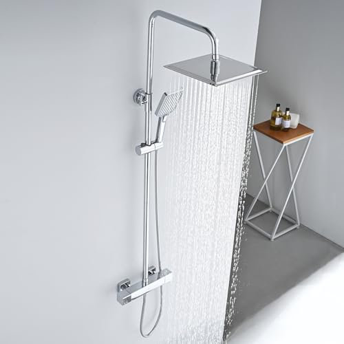 DETBOM Doccia Miscelatore Termostatico, Quadrato Set Sistema Doccia In Acciaio Inox con Soffione Doccia da 25 cm e Doccetta in Silicone a 3 Funzioni, Asta Doccia Altezza Regolabile 100~120cm, Cromato