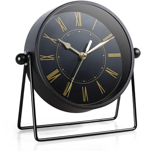 AYRELY® Vintage Metall-Tischuhr – Leise Kaminuhr ohne Ticken mit verstellbarem Winkel, Analoge Standuhr im Retro-Stil für Wohnzimmer, Regal, Kamin & Büro (Schwarz/Gold)