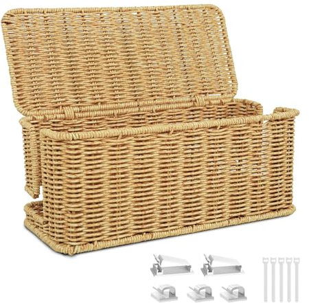 IXTRA Handmade Cable Management Box Imitation Rattan Cable Organizer Box With Lid 2 Open Slots Under Desk Cord Organizer to Hide Power Strips & Cords and Cover Floor TV Wires Computer Usb Hub