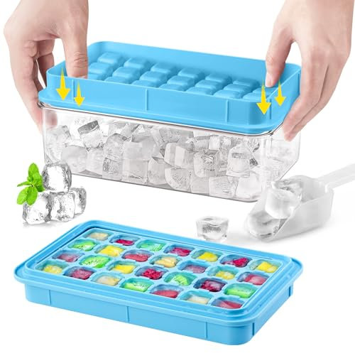 longzon Mini Stampo Cubetti di Ghiaccio Riutilizzabili con Coperchio e Contenitore, Vaschette per Ghiaccio Anti-rovesciamento, Stampo per Ghiaccio per Whisky Cocktail,Tè,Caffè(28 scomparti×2)-Azzurro