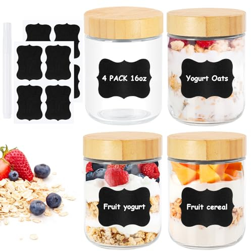 Vikcvcsc 4 Pezzi Overnight Oats Contenitore 450ml Barattoli Vetro con Coperchio,Vasetti per Yogurt,Vasetti Vetro di Avena Notturna,Meal Prep Contenitore Mason Jar per Yogurt Insalate Frutta Secca
