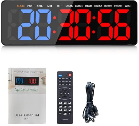 AnExer Temporizador de Gimnasio,Temporizador de Intervalo Fitnes LED, 13'' Grande Reloj de Pared Digital con Countdown/UP Cronómetro, Intervalos Timer con Control Remoto para Casa Garaje