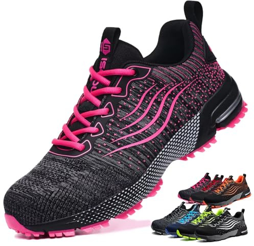 ISOOUS Zapatos de Seguridad Hombre Mujer Calzado de Trabajo Comodo Ligeros con Punta de Acero Transpirable Anti-pinchazos Rosa Gris 37