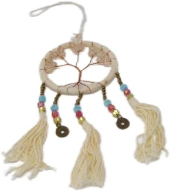 (Beige) Atrapasueños Artesanal con Árbol de la Vida, Beige, Decorativo con Cuentas y Borlas, Estilo Bohemio para Decoración del Hogar