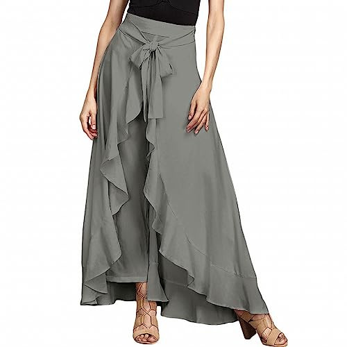 Women's Elegant Trouser Skirt Irregular Ruffle Casual Trousers High Waist Plain Party Dress Long Skirts Trousers with Belt Women Yoga Trousers Palazzo Marlene Trousers with Valance Pants, gray, XL
