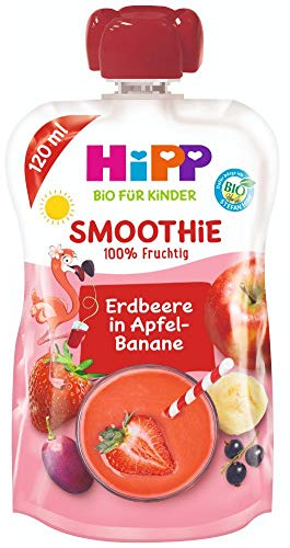 HiPP Smoothie Mix im Quetschbeutel, Rote Früchte in Apfel-Banane, 100% Bio-Früchte ohne Zuckerzusatz, 6 x 120 ml Beutel