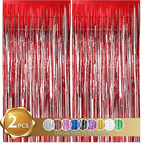 2er Pack Folienfransen Vorhang, rote Lametta Metallic Vorhänge Foto Hintergrund Weihnachtsdekoration für Hochzeit Verlobung Brautdusche Geburtstag Bachelorette Party Bühnendekor (3,28 ft x 6,56 ft)