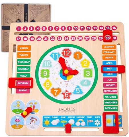 Jaques of London Learning Kids Calendar Clock | Wooden Educational Toys for 3 Year olds with Weather for Preschool Children | Learn to Tell the Time Days and Months | Since 1795