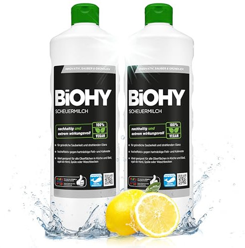 BiOHY Scheuermilch (2 x 1 liter) | entfernt hartnäckigen Schmutz mühelos | streifenfreie Reinigung ohne Kratzer | schonend zu Material & Umwelt | für Emaille, Keramik & Edelstahl
