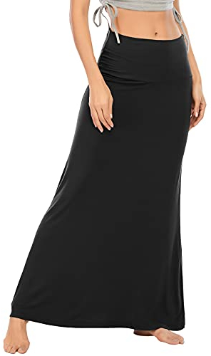 Durio Rock Maxirock Lang Damen Rock Weich Damenrock Freizeitrock mit hohem Bund Skirt Elastisch Schwarz 36-38 (Tag Size S)