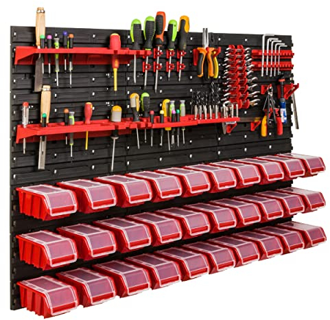 Lagersystem Werkstattregal | 117 x 78 cm | NPKL Wandregal mit Stapelboxen - Wandplatten Extra Starke Schüttenregal Warkzeuglochwand Lagerregal Garage Regal (5)