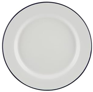 Premium Quality Traditional Enamel White Blue Trim Rice, Pasta, Bowl, Dinner, Round Pie, Soup, Mixing, Deep Dish Tableware Crockery (Dinner Plate 24cm)