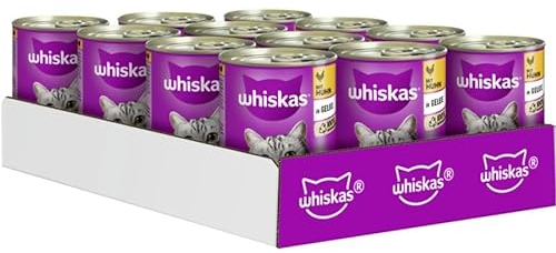 Whiskas Adult 1+ Katzenfutter Nassfutter mit Huhn in Gelee, 12 Dosen (12 x 400g)