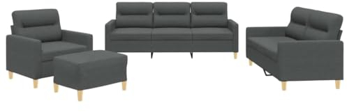 vidaXL Sofagarnitur 4-TLG., Sessel Couch mit Kissen Fußhocker, Sofa Wohnzimmersofa mit Armlehnen, Couchgarnitur Designsofa Sitzmöbel Polstermöbel, Dunkelgrau Stoff