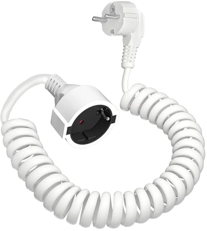 Schuko Verlängerungskabel, Schutzkontakt Verlängerung (230V/16 A), Spiralverlängerung dehnbar von 0.9m bis 5m Max, Spiral-Kabel mit Schutzkontaktwickelstecker & Schutzkontaktkupplung, weiß