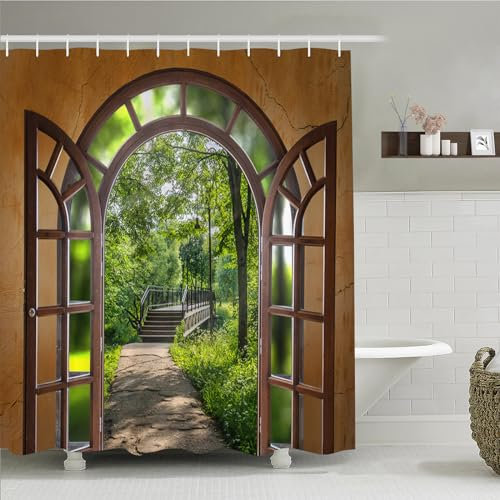 Simpomsy Garden Shower Curtain Woods Sunshine Gate Nature Scenery Shower Curtain Waterproof 3D Outdoor Scenery Bathroom Curtains Decoration with 12 Hook 180x180cm