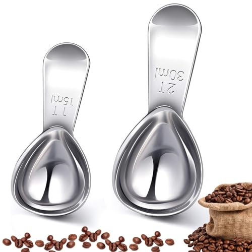 AKONE Cucchiaini da caffè, 2 confezioni di cucchiaini da caffè in acciaio inox con manico corto e spesso, misurino per caffè, 15 ml e 30 ml dosatore per preparare caffè, tè sfuso, zucchero, farina,
