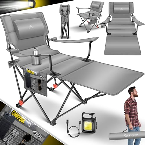 KESSER® Campingliege Campingstuhl 2in1 bis 160kg | Feldbett klappbar | Campingbett faltbar extra breit | Campinglicht & Getränkehalter + Aufbewahrungstasche & Transporttasche | Angelliege verstellbar