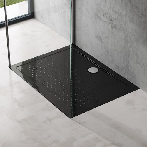 doporro Plato de Ducha Rectangular Antideslizante 80x100x4 cm – Acrílico Negro, Conexiones DIN, Instalación a Ras de Suelo – Lucia02