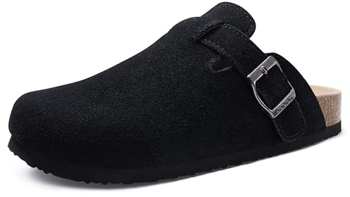 ODOLY Genuine Suede Clogs for Women Men Soft Cork Footbed Leather Mules Comfort Potato Shoes with Arch Support, Black39