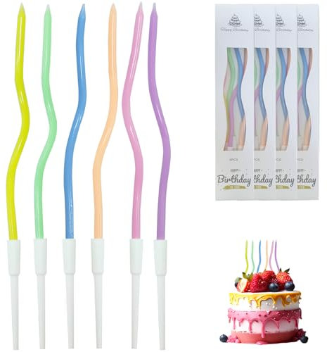 WOLMIK 24 Stücke Geburtstagskerzen Für Torte, Spiral Kerzen Geburtstag, Dünne Lange Bunte Geburtstagskerze Mit Haltern Für Dekorative Geburtstagstorte, Babyparty, Mädchenparty