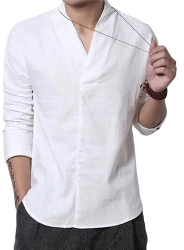 MEIION kirakuco Jun - Chemise à Manches Longues en Lin Chemise Homme Lin Coton sans Col - Col V Décontracté, Manches Longues, Coupe Régulière, Respirante et Légère, Disponible en Tailles M-5XL
