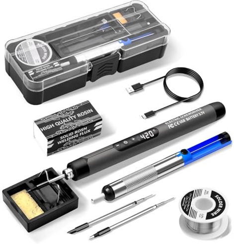 Batteridriven lödkolvsats – Daakro USB uppladdningsbar lödkolv med LCD, trådlös soldering järnset, trådlösa lösningstips och lösningsstativ med justerbar temperatur (grå)