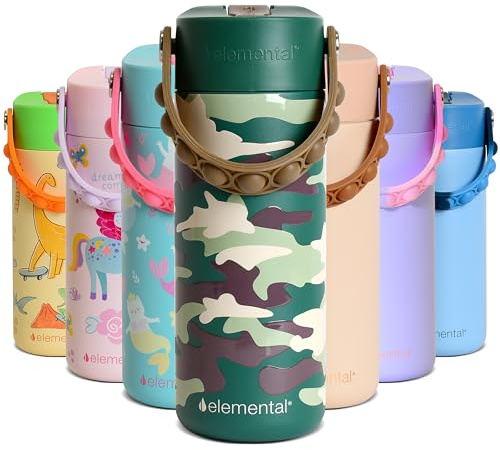 Elemental Insulated Kids Water Bottle, Stainless Steel Water Bottle with Straw Lid & Pop-It Handle, Leak-Proof Water Bottles for School, Boys or Girls, Travelling and Sports, 530ml - Green Camo