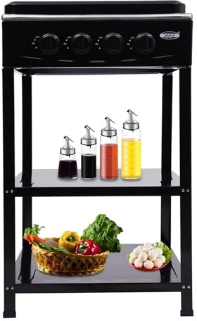 Natural Gas Stove with 4 Burners,Freestanding Rectangular Gas Cooktop,Portable Manual Ignition Gas Range with 2 Storage Shelves for Camping,Fishing,RV Travel (4 Burners Black)