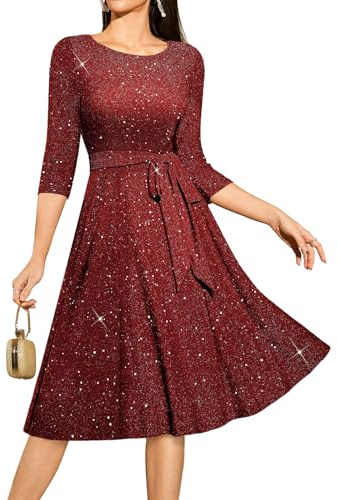 DRESSTELLS Cocktail Dresses for Women, Wedding Guest 3/4 Sleeve Sparkly Holiday Prom Party Dress, Sequin Aline Modest Mother of Bride Midi Dress Glitter Burgundy XL