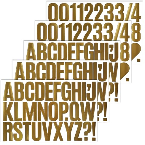BINLINHONGO 152 Large Alphabet Number Stickers, 5 Sheets 2 Inch Self-Adhesive Vinyl Letter Sticker Decals for Doors, Mailbox, Scrapbooks, Gift Decors - Gold