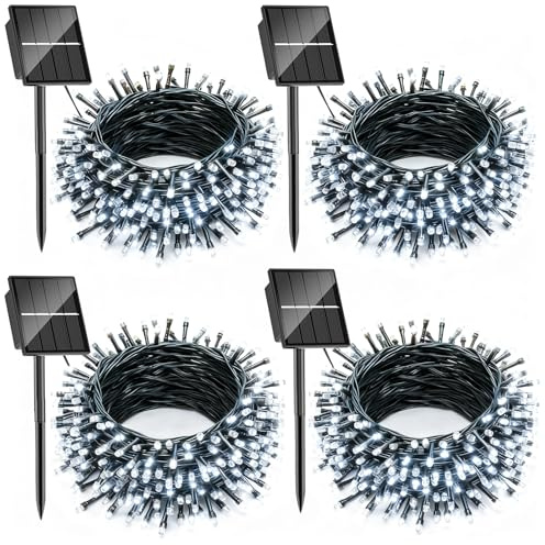 SOLARBABY 4 Pacchi Luci Natale Esterno Solare, 10M 100LED Catena Luminosa Esterno Solare, 8 Modalità Impermeabili Luci Natalizie da Esterno per Giardino Albero Patio Balcone, Bianco