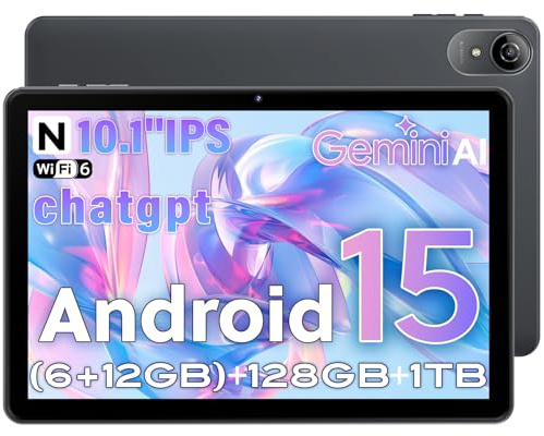 UBDXBD Tablet 10 Pulgadas Android 15 Gris, Gemini AI, 18GB RAM (6+12) 128GB, T30 Octa-Core, Pantalla IPS HD, 6000mAh, WiFi 2.4/5G, GPS, GMS Certificado, Face ID, Type-C, BT, TF 1TB, Gray