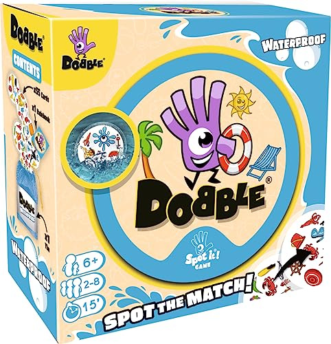 Asmodee | Dobble Waterproof | Fun Family Card Game | Fast-Paced Observation Game | 15 Min Playtime | 2-8 Players | Ages 6 and up | Tin Box & 55 Cards